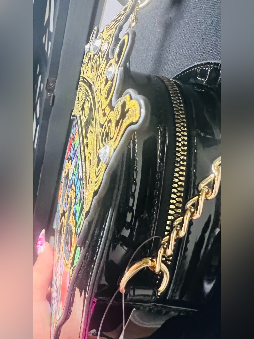 Betsey Johnson Black w/Gold Kitsch Halloween Queen Sugar Skull Crossbody NWT - Picture 8 of 12